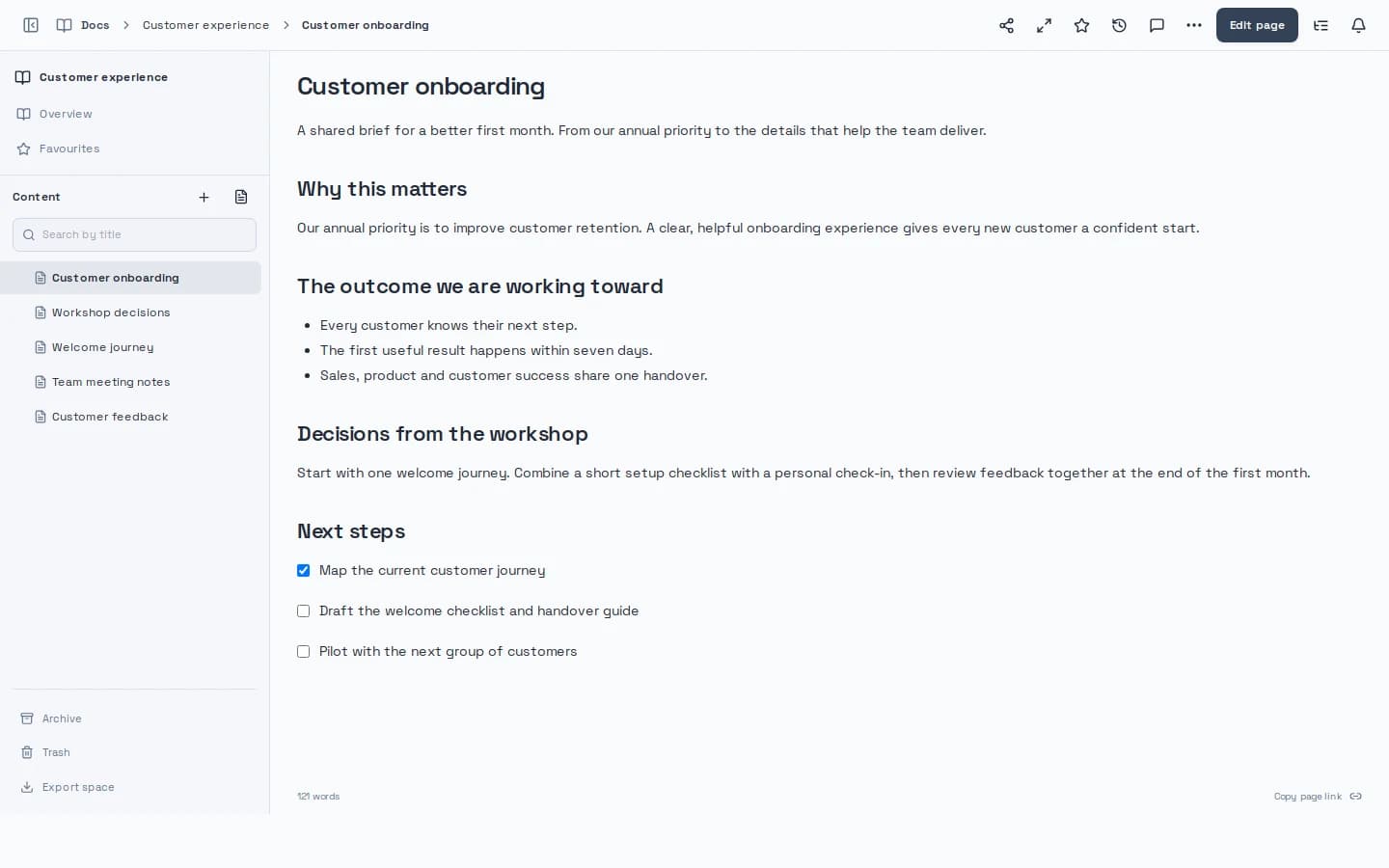 Planorbi Docs with a project brief, page tree and published team documentation