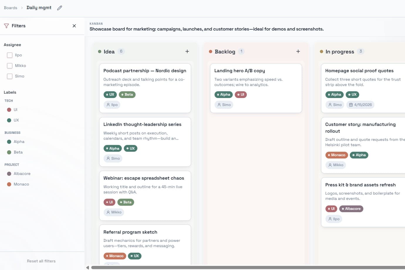 Planorbi Boards showing work organized into Kanban columns with owners and labels